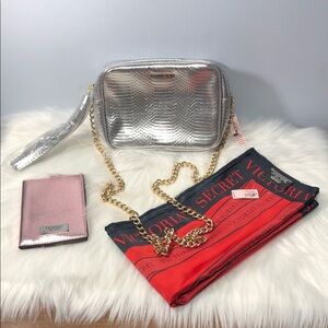 NWT Victoria's Secret Silver Python Embossed Chain Purse, Passport Wallet,Scarf